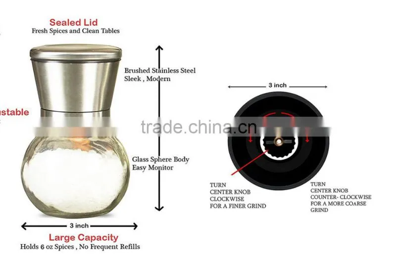 manual glass spice bottle grinder/pepper and salt mill 6 Oz Glass Body and 5 Grade Adjustable Ceramic Rotor