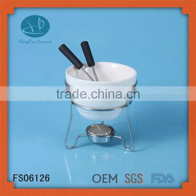 innovative chocolate fondue set,custom ceramic fondue set with candle and forks