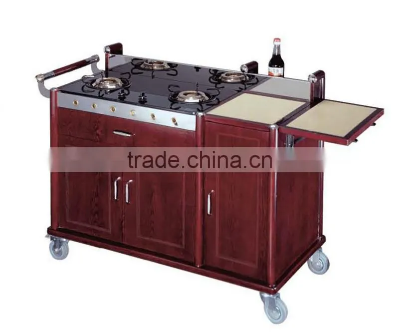 Restaurant mobile cooking trolley with stainless steel platform