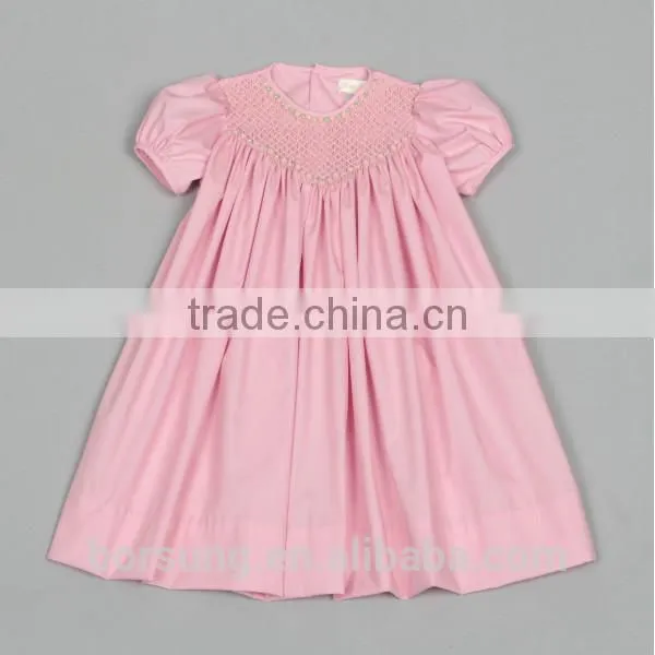 Baby Cotton Frocks Designs Pink Puff Sleeve Fashion Girls Summer Smocked Dress