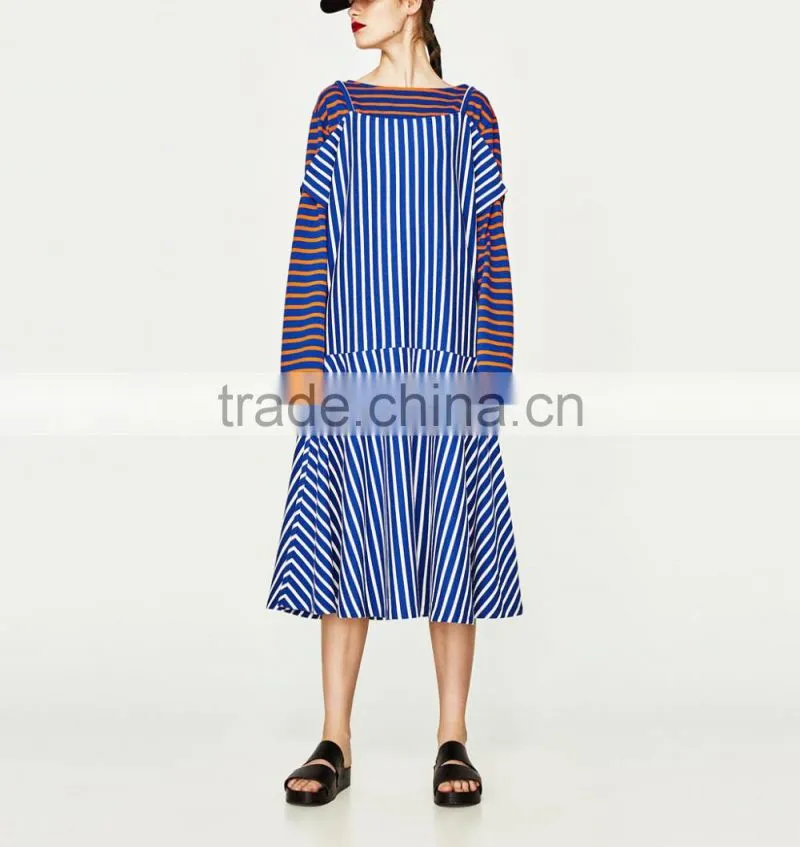 2016 fashion halter off shoulder A-line stripe dress woman dress