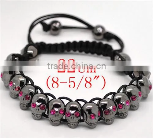 Fuchsia Rhinestone Halloween Skull Beads & Hematite Beads & Black Braiding Adjustable Bracelet 22cm-25cm