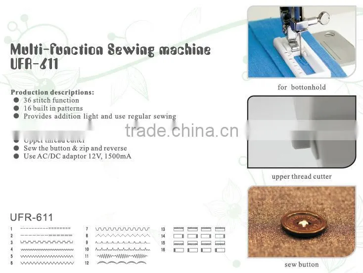 Alibaba hot sale, ukicra domestic sewing machine(UFR-613)with four-step button-hole sewing