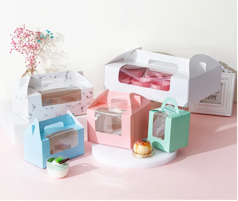Cake boxes for party and daily use. Colour printed cake packing box with handle cupcake box Muffin cup packaging 4681012 cupcake cake baking box (1).png