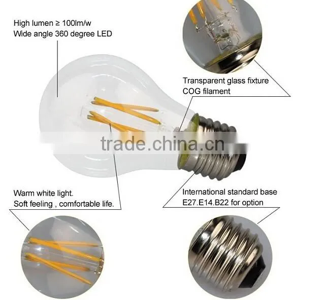 Hot Alibaba LED lighting Supplier Shenzhen manufacturer 120lm/w 4w 6w 8w e27 filament led bulb