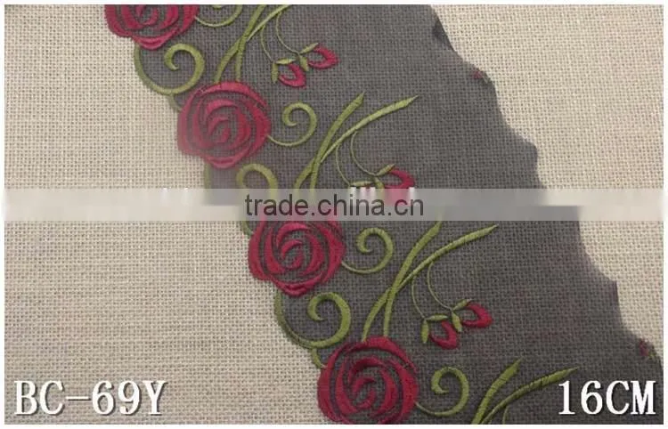 China Manufacture 2016 New Wide 6.3" Net Cloth Non-strech Big Rose Flower Embroideried Nylon Warp Knitted embroidery lace fabric