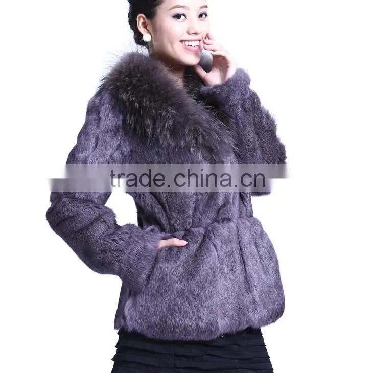 QD5728 Hot Selling Colorful Rabbit fur Coat With Raccoon Collar For Wholesale