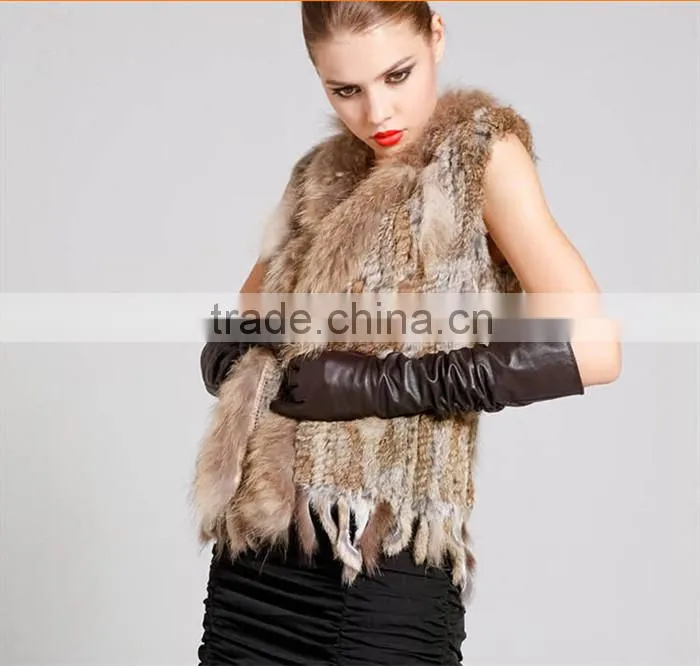 2016 high -end kintted rabbit fur vest with raccoon collar