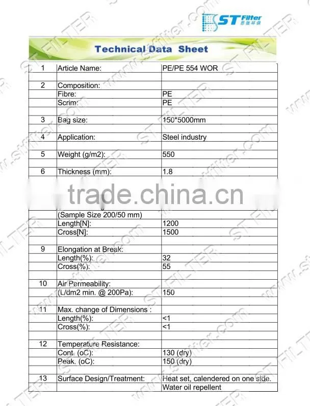 PE dust 500 micron filter bag for Steel industry,water oil repellent filter bag