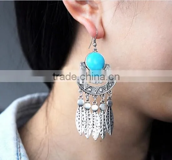 New Summer Style Ginasy Silver Geometry Turquoise Leaf Drop Tassels Dangle Earrings