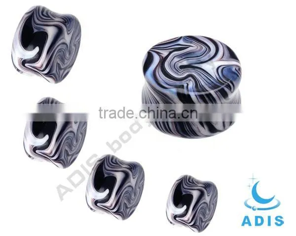 Zebra-strip 3/4 Inch Swirl Pyrex Glass Saddle Plug Double Flare