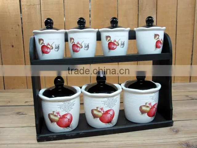 Brown Embossed 7 PCs Ceramic Food Jars Set with Bamboo Lid and Iron Stand