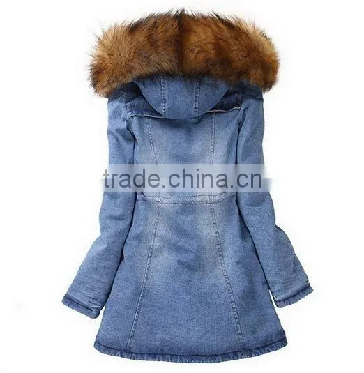 Top Design Women's Fur Hooded Denim Jacket Jeans Coat