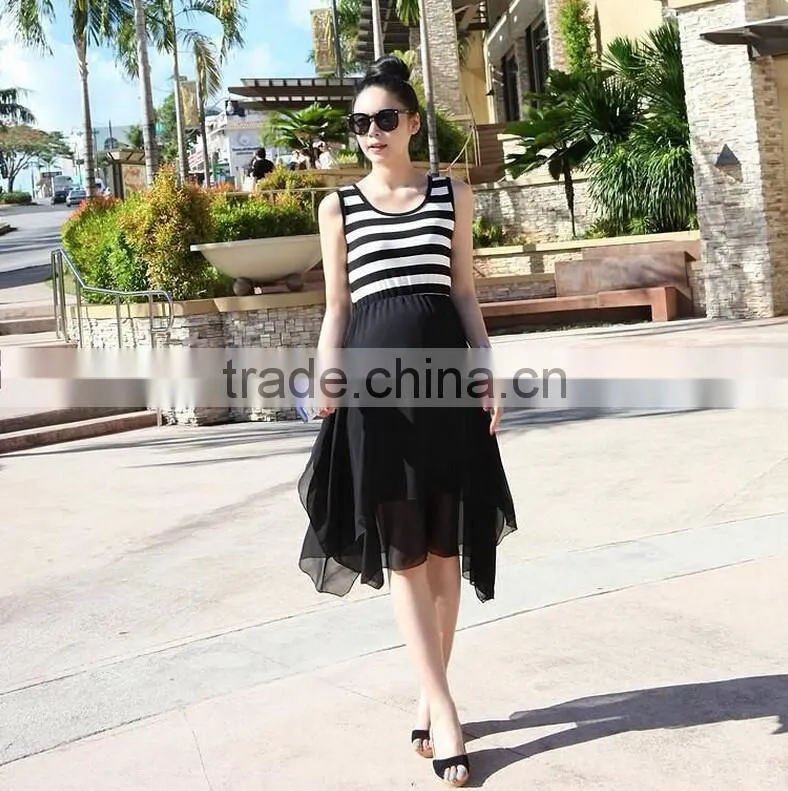 Striped Maternity Chiffon Dresses For Pregnant Women Sleeveless