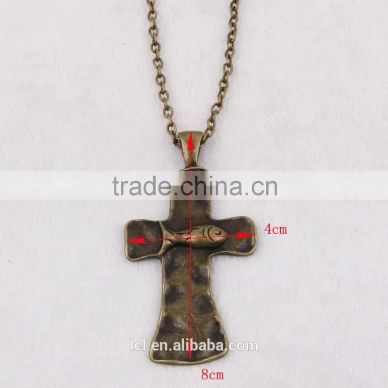 New arrival 2016 design fashion jewelry cross & fish handmade chain necklace religious brass finish big cross necklace