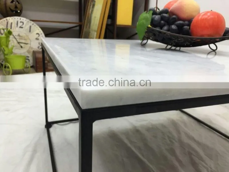 Cheap modern carrara white marble top black steel coffee table