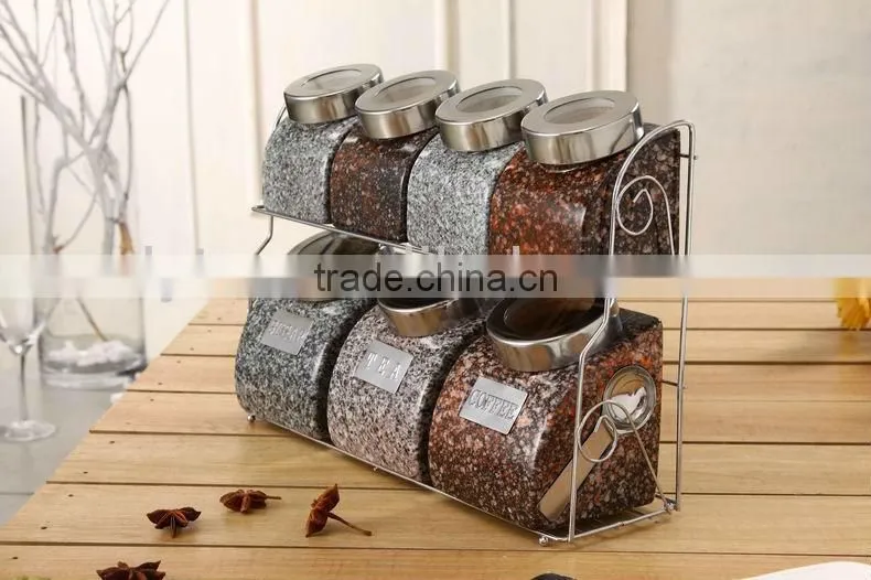 ceramic canister set with stainless metal spoon, lid & stand