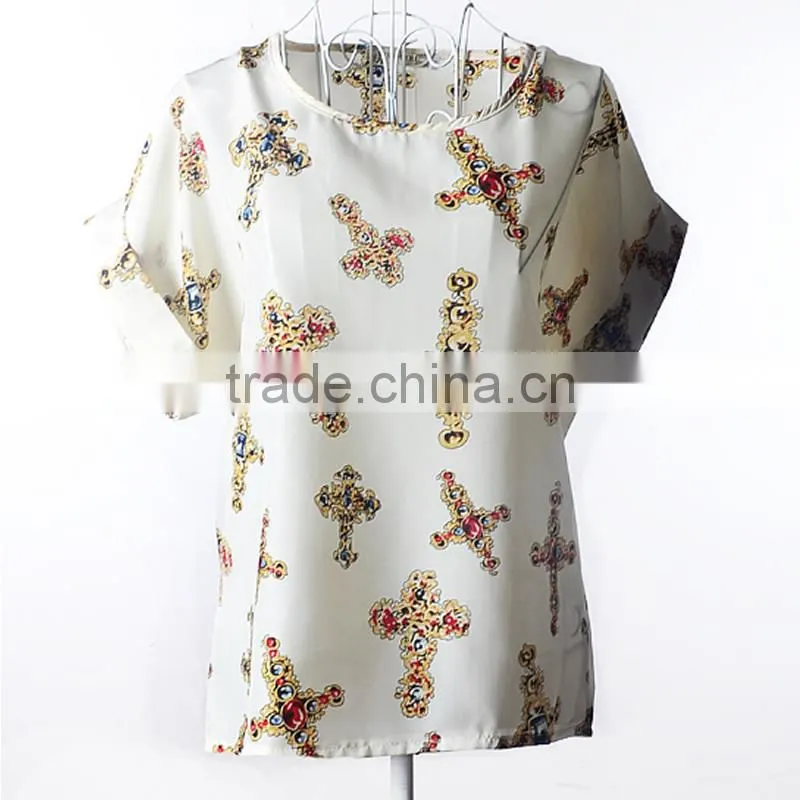 2017 new design ladies print chiffon style blouse