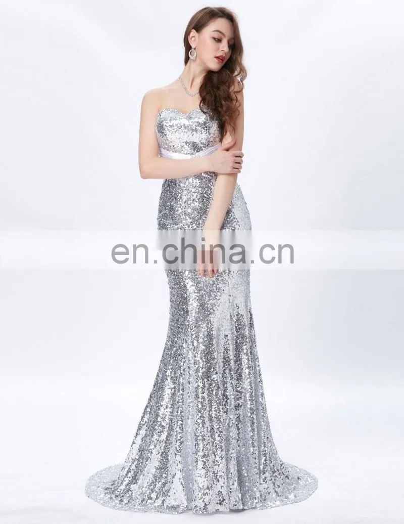 Grace Karin Strapless Sweetheart Neckline Long Mermaid Women's Special Occasion Sexy Silver Prom Dresses CL4409-4