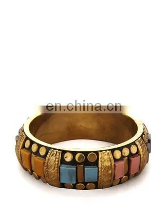 Vintage 1980s brass & turquoise enamel wide bangle