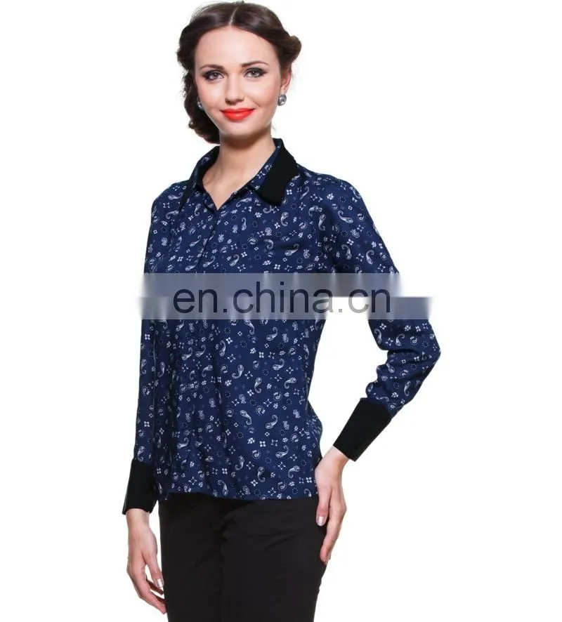 BLUE PRINTED SHIRT WITH CONTRAST COLLAR AND CUFF DESIGNER TOP LADIES NEW DESIGN FASHION TOP