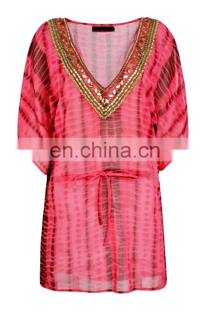 BEADED FRONT TIE DYE KAFTAN Embellished Tie Print Kaftan For Women Summer Wear