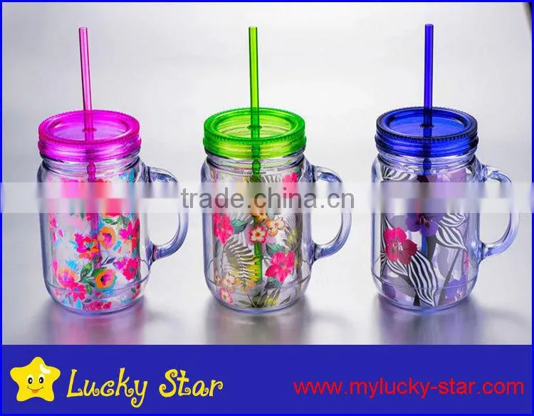 BPA free 20oz Plastic Mason Jar with handle and straw and beautiful PVC inserts