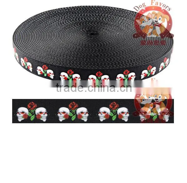 Trade Assurance 1 Inch Wide Skull and Roses Ribbon on Black Heavy Nylon Webbing, 1 Yard