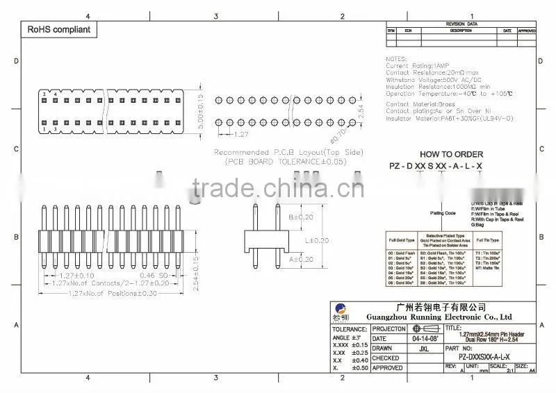 1.27mm*2.54mm Straight Pin Connector Pitch: 1.27 mm Double Row Single Body H=2.54 W=5.0