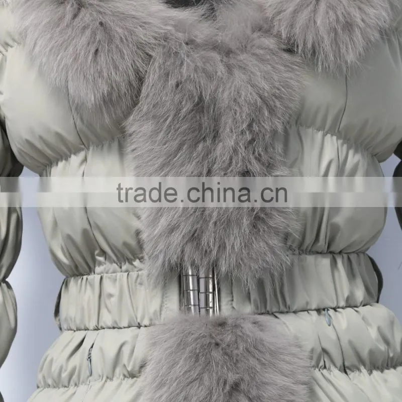 belin fashion down jacket with fox fur trim /down garment with fur hood