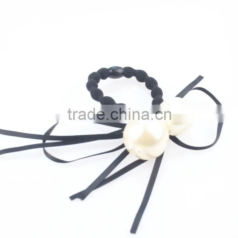 Fashion women girls big pearl beaded silk ribbon hair elastic band