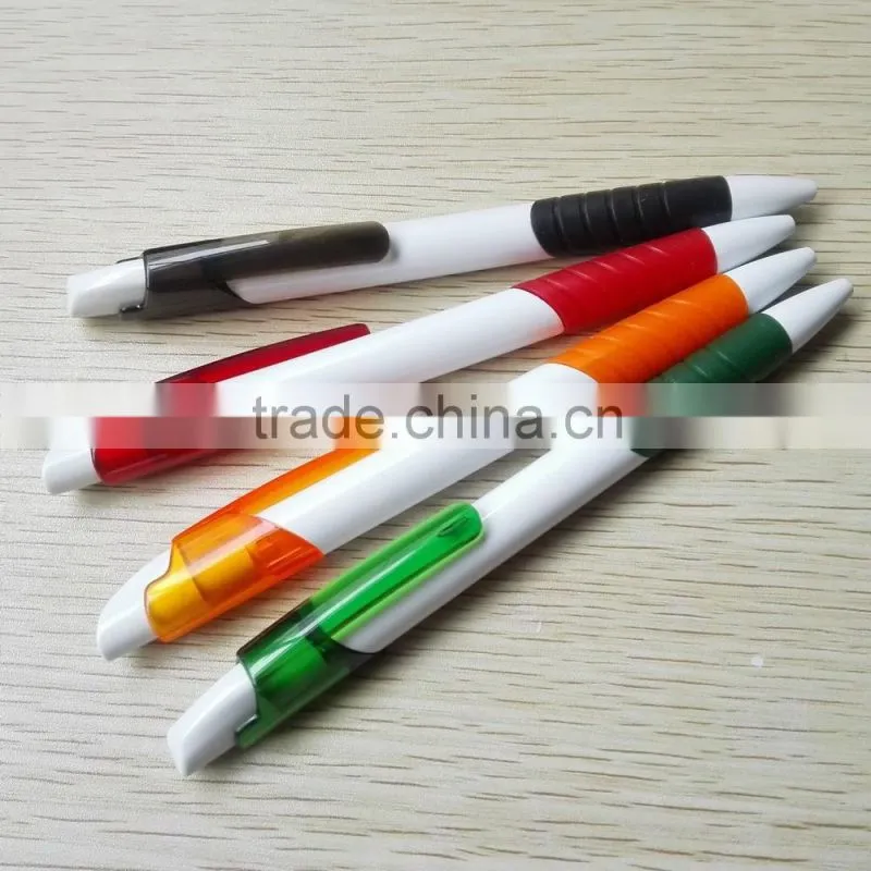 Plastic white barrel ballpen with colored grip