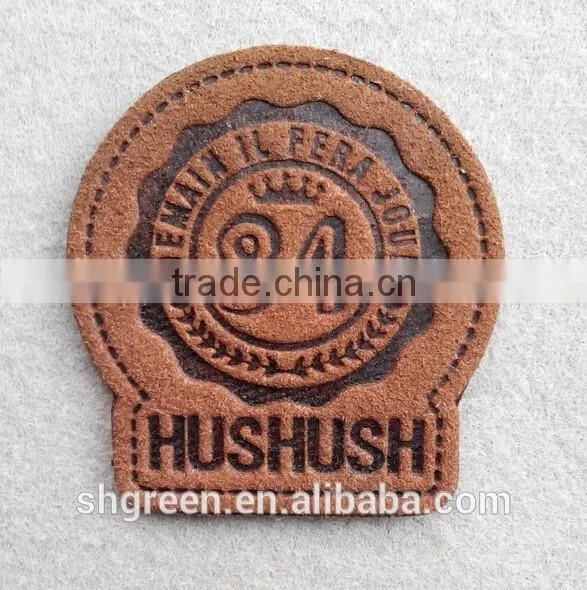 Green laser cut hot press embossed logo leather patch