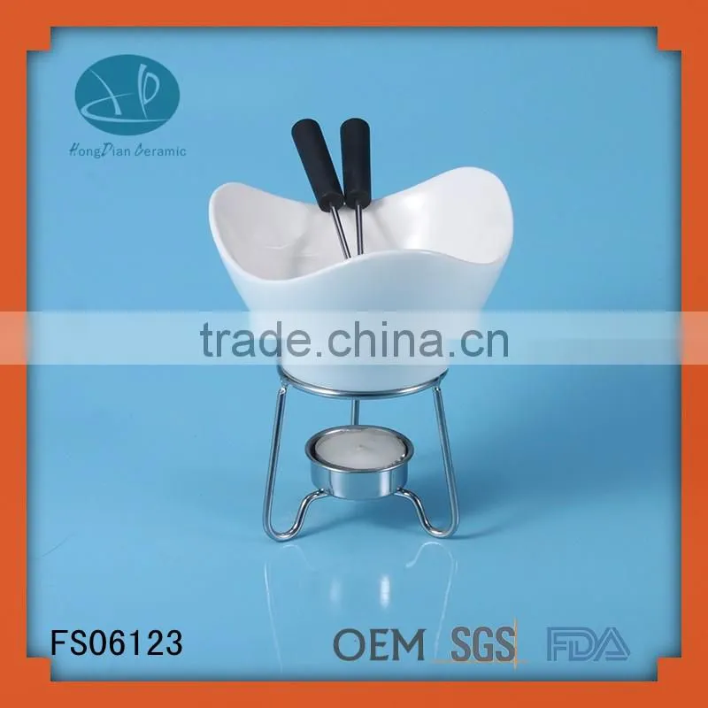 mini ceramic chocolate fondue warmer ceramic cheese fondue set with candle and fork,FDA/SGS/LFGB certification fondue set