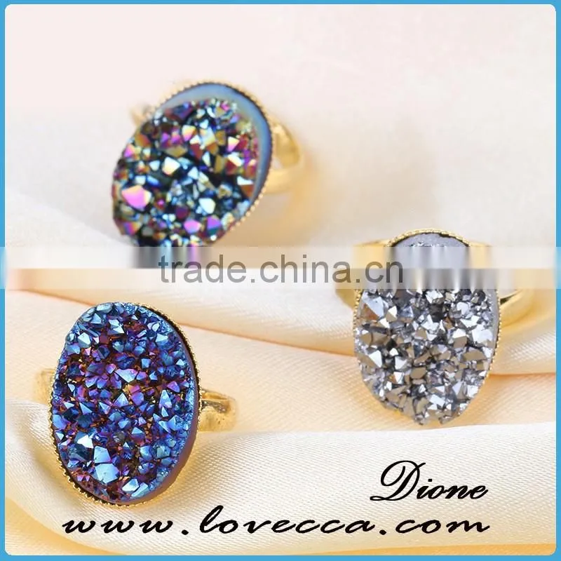 Wholesale Druzy Quartz Ring Blue Natural Druzy Agate Stone Round 10mm Gold