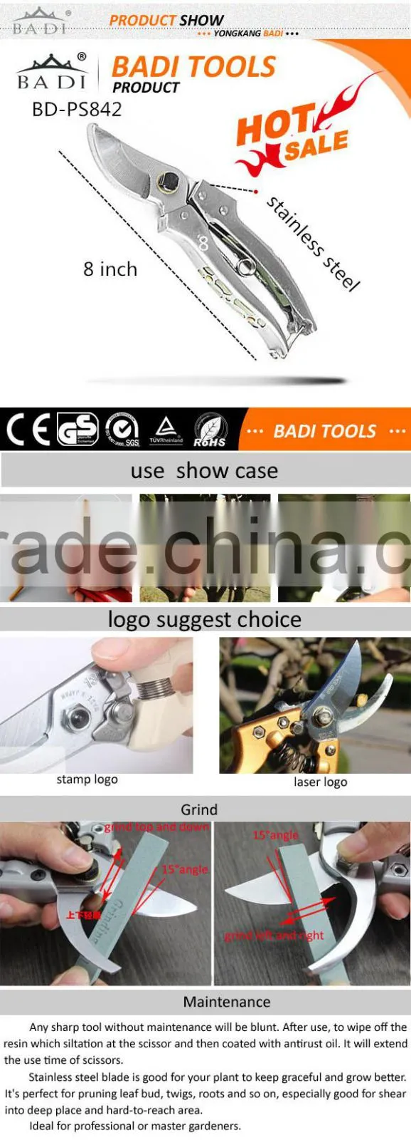 high grade and quality stainless steel garden pruning shear with wood handle