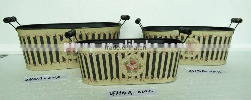 Stripe metal garden flower oval pot with handle