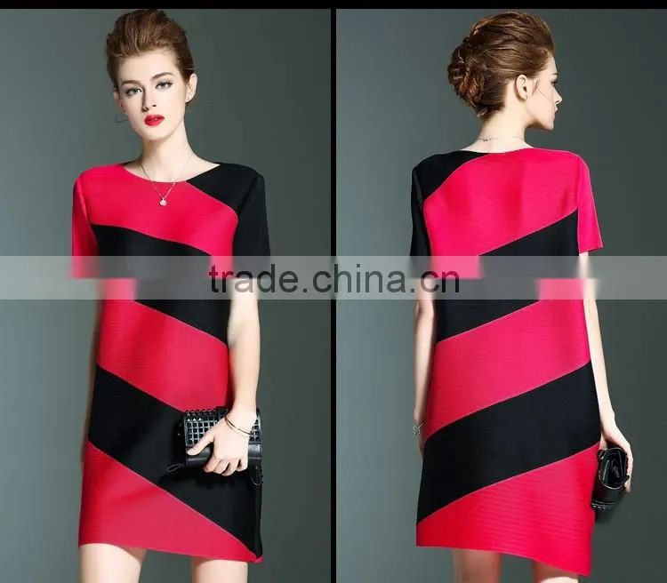 Online shop women twill printed O neck pleated dresses