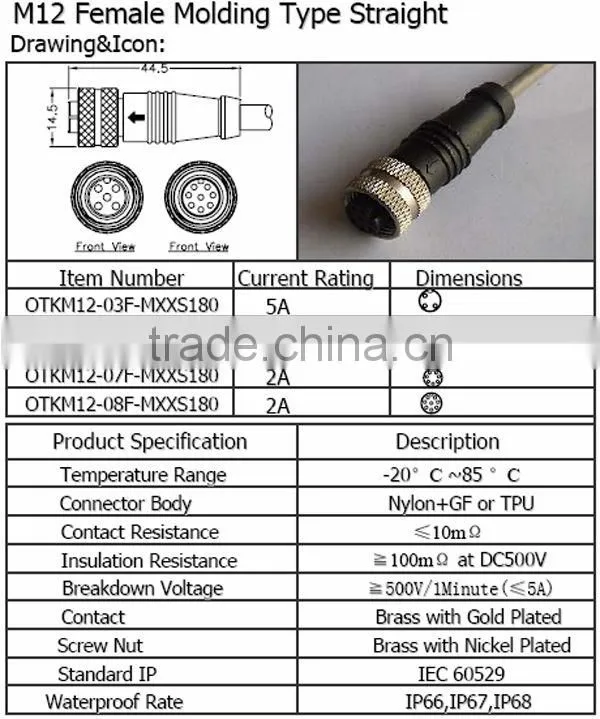 M12 Female molding type straight Waterproof Connector