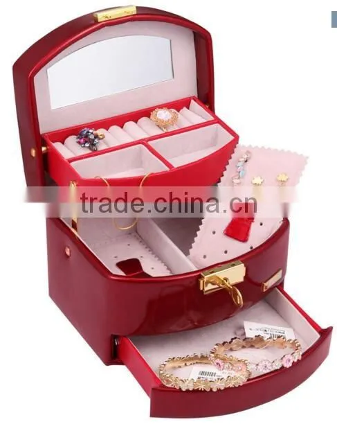 high quality jewelry display case, custom leather display case for jewelry,red shiny leather jewelry case with mirror