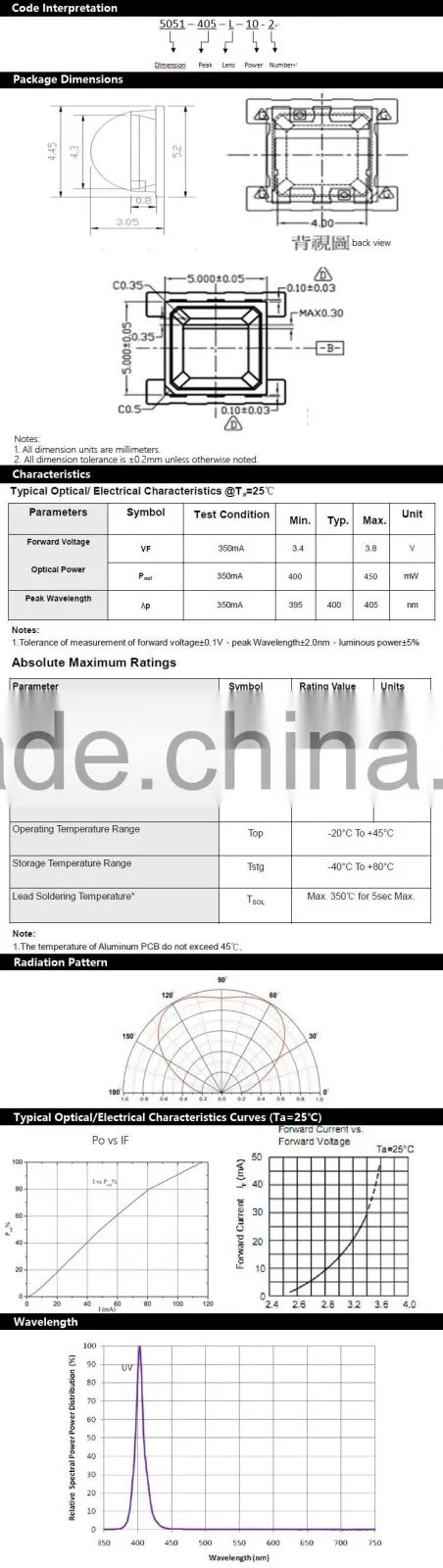 High Quality SMD 5050 chip UV LED beads Ultraviolet Light Source with 0.06W-1Watt 405nm-410nm FACTORY
