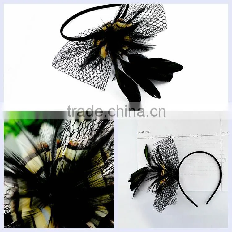 China hair accessory sexy mesh feather plastic bridal headbands
