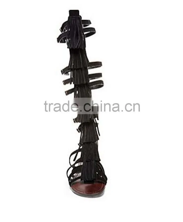 New Style Women Genuine Leather Gladiator Sandal Lace up Flat Knee High Sandal Boots