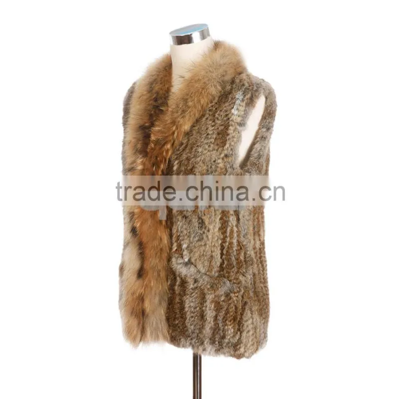 QD30434 Cheap China Bulk Wholesale Clothing Knitted Rabbit Fur Vest With Raccoon Fur Collar Clothes Women