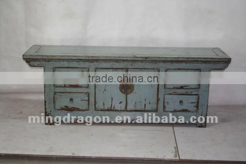 Chinese antique furniture pine wood blue four drawer two door cabinet