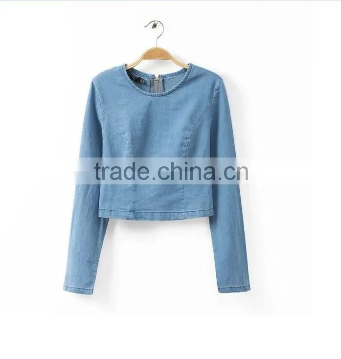 2014 European New arrivals sexy denim tops fashion style short tops with long sleeves