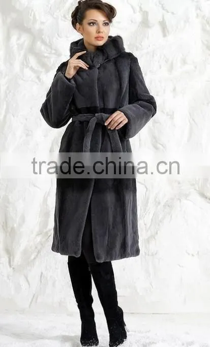 rex14069 knee-length rex rabbit fur coat belt gray