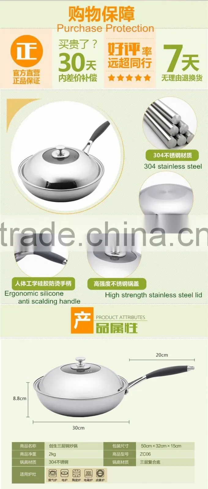 Non stick stainless steel frying pan cookware