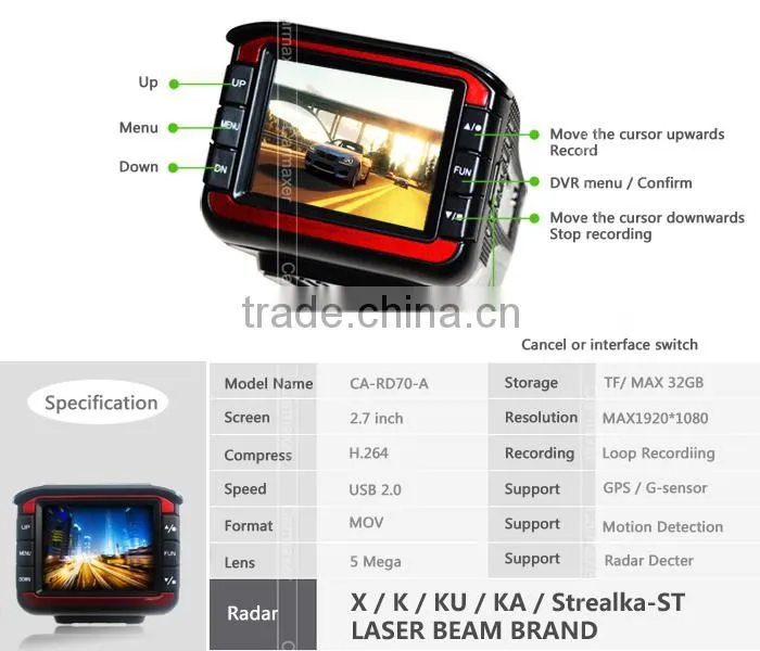 2014 new product multi-function car speed radar detector 3-in-one with car dvr and 1080p anti police radar detector