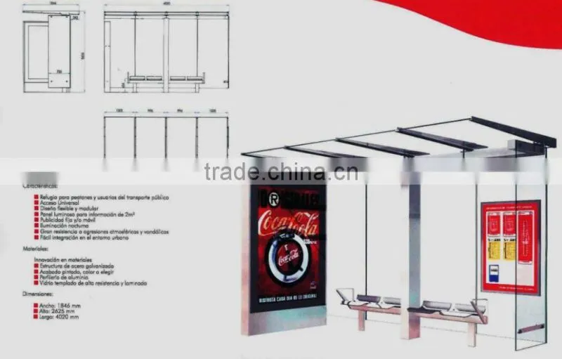 Stainless Steel & Aluminum Outdoor Bus Stop Shelter with LED Light Box & Waiting Chair for City Street Construction